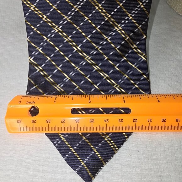 LAUREN RALPH LAUREN HAND FINISHED IMPORTED SILK TIE BLUE WITH GOLD PLAID EUC - Picture 2 of 7
